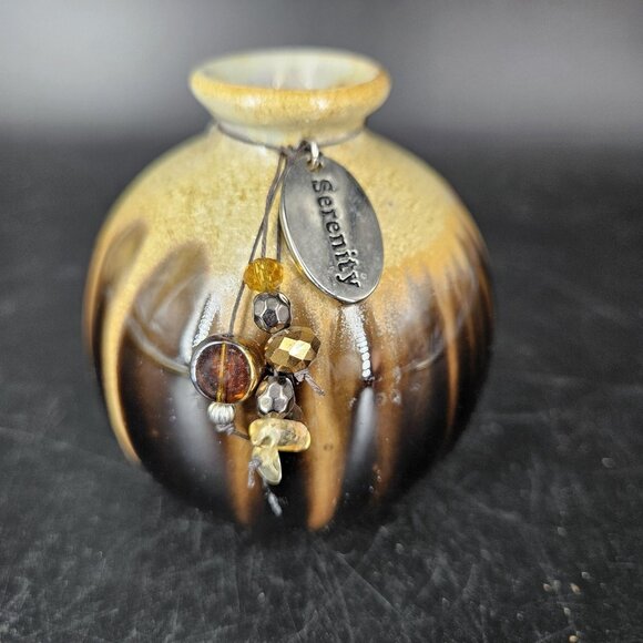 Unmarked Other - Ceramic Bud Vase Drip Glaze Brown Black Tan Mini Round Serenity Charm Incense 3"